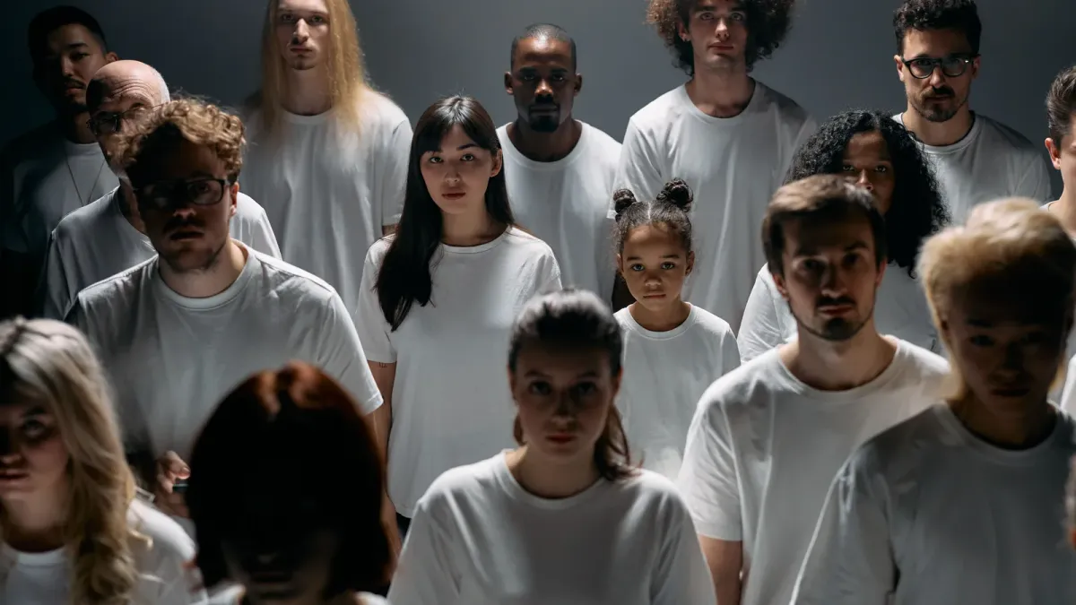 Grupo diverso de pessoas de camiseta branca olhando para a câmera